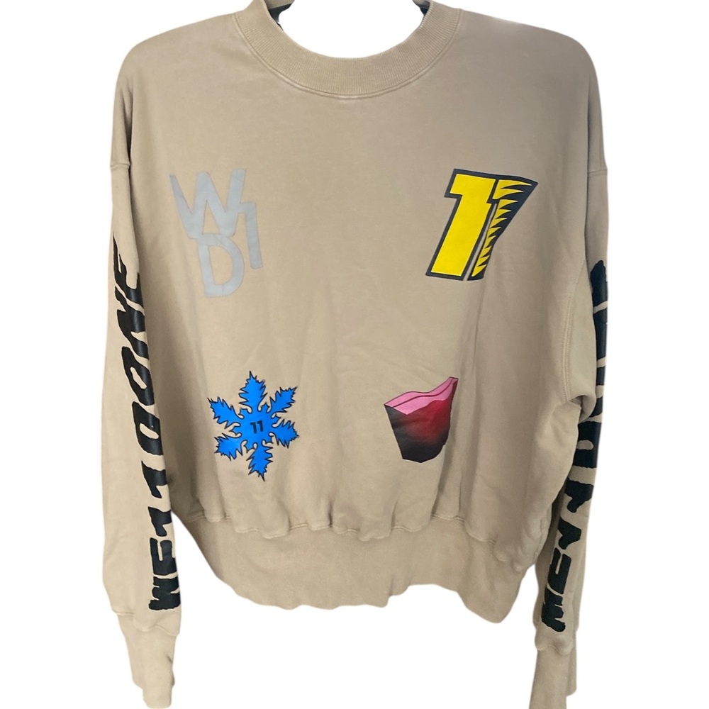 We11done Graphic Tan Sweatshirt with Blue and Yellow Accents Size M